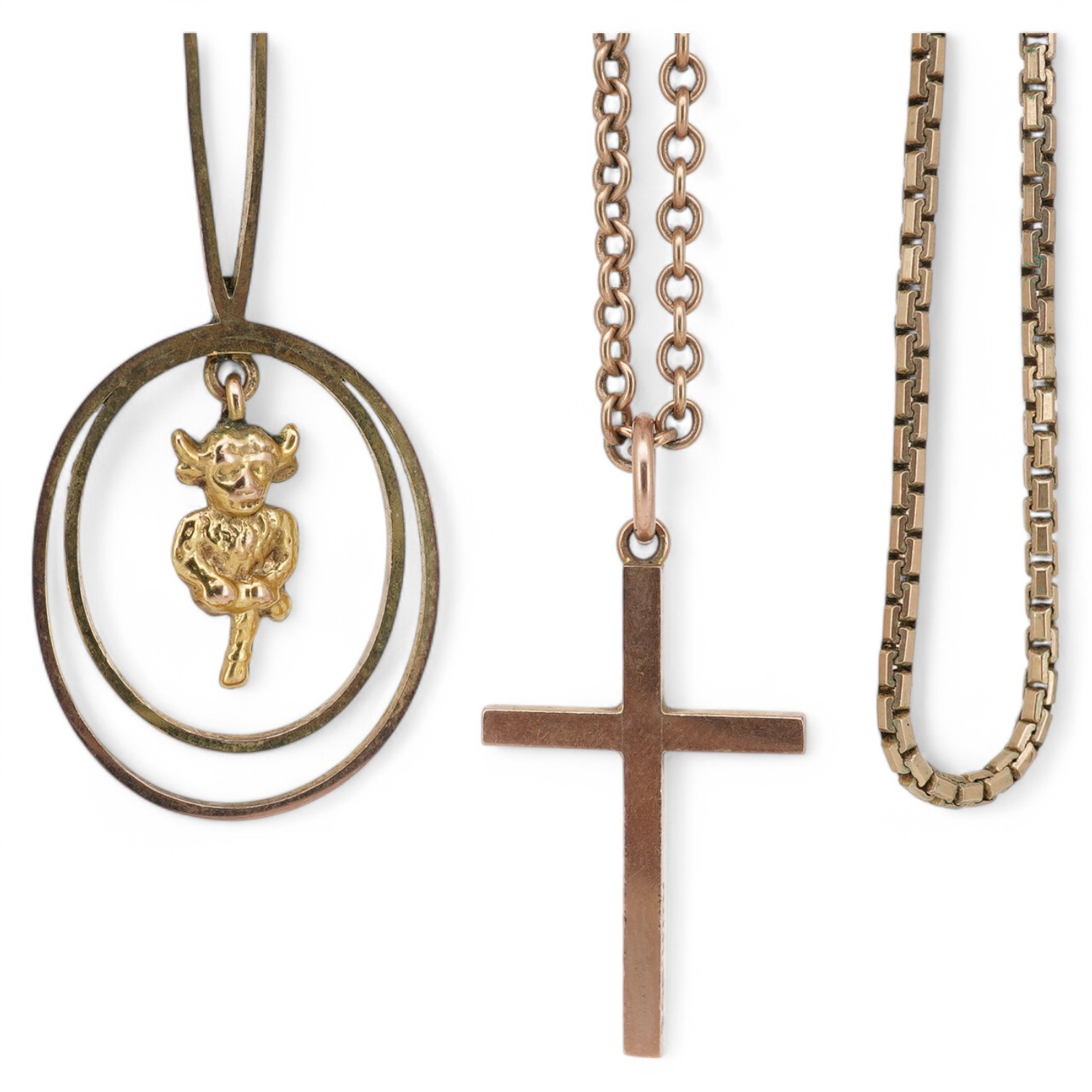 A 14k chain, 40cm, with a 9ct 'Imp' drop pendant, 47mm, together with a 9ct chain and a 9ct cross pendant on a yellow metal chain. Condition - poor to fair